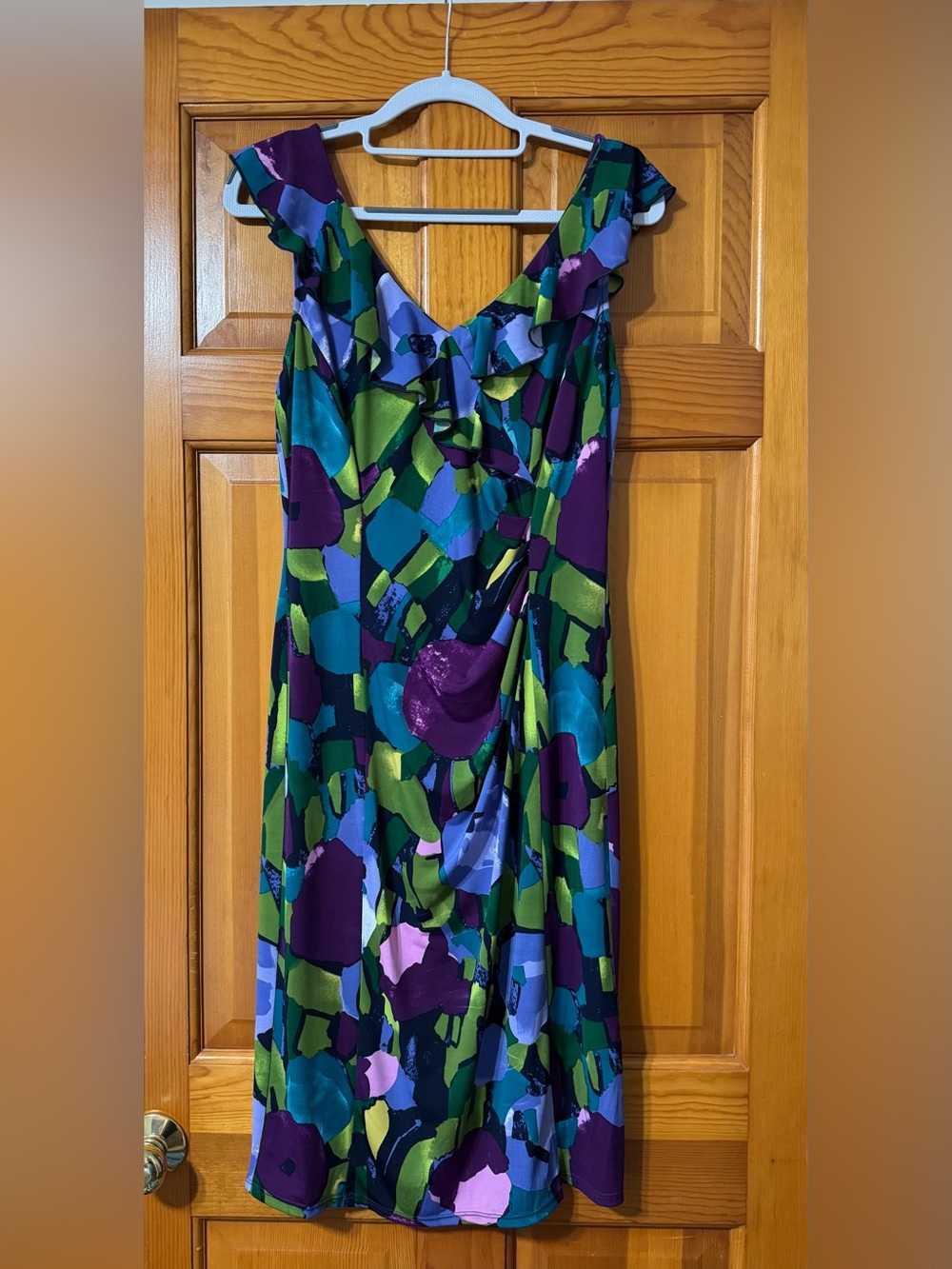 Dressbarn Abstract Ruffle V-Neck Maxi Dress — Green & Purple & Blue - Picture 1 of 3